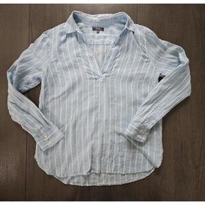 NYDJ  Women Blue Strip Linen Tunic Top Blouse Small Coastal Beach Long Sleeve